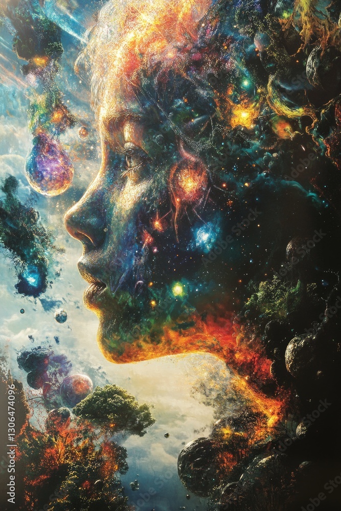 Obraz premium A portrait of a woman's face set against a backdrop of stars and planets, suggesting her connection to the cosmos