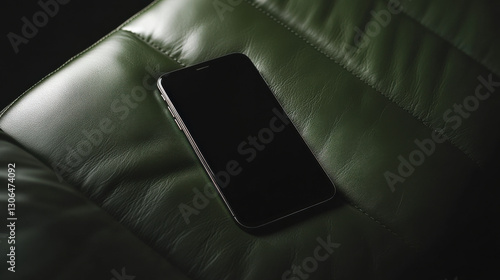 A sleek smartphone rests on a rich green leather surface, embodying modern minimalism with a dark, moody atmosphere.