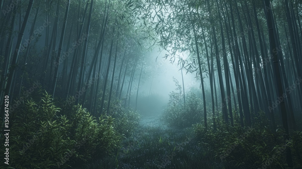 Naklejka premium Bamboo forest with misty trails, showcasing tall stalks glistening with dew
