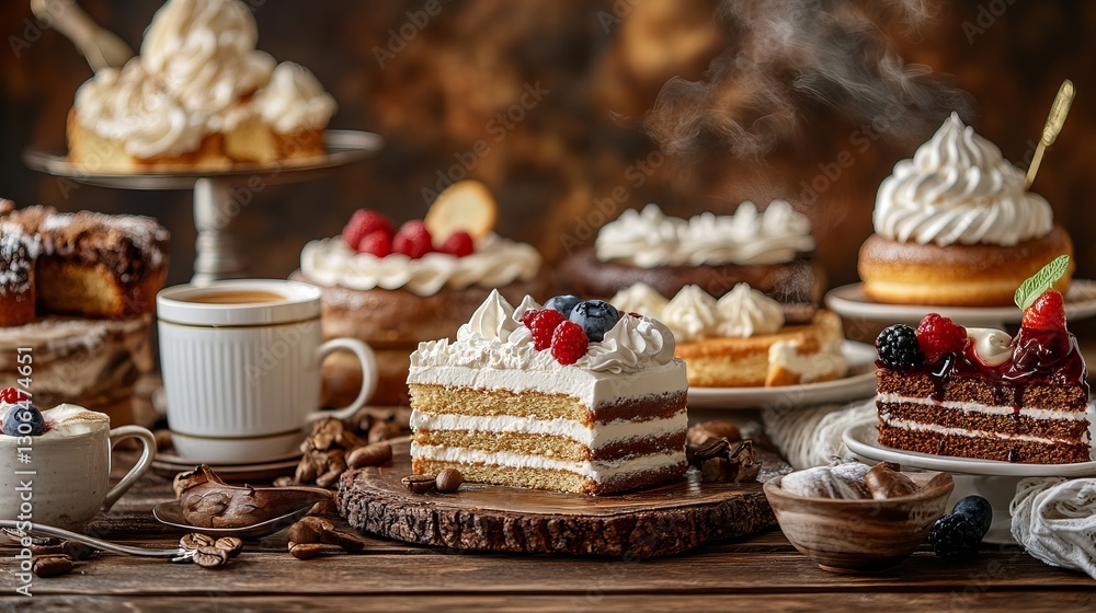 A dessert table is set up with cake slices, coffee cups and whipped cream on a rustic background. A dessert table is set up with cake slices, coffee cups and whipped cream on a rustic background.