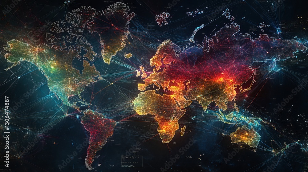 A digital map highlights Western Europe's strong role in AI-driven global internet connections, big data, and communication technology. A digital map highlights Western Europe's strong role in AI-driven global internet connections, big data, and communication technology.