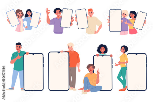 People showing phones. Funny men and women with smartphones, smiling characters hold empty displays, blank screens, empty device screen, cartoon flat style isolated vector classy set