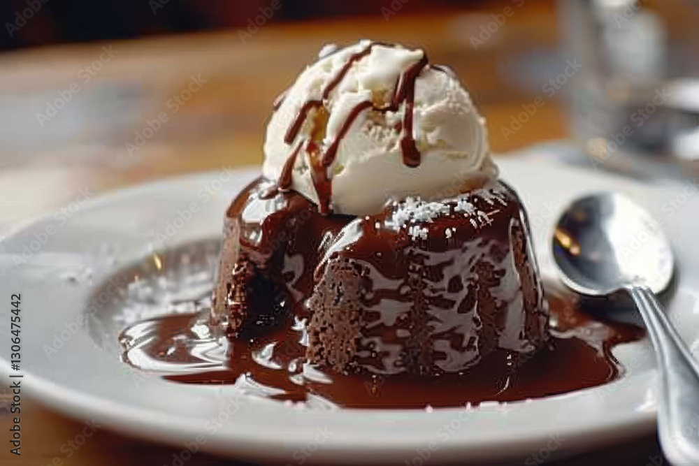 close up horizontal image of a warm melting chocolate cake with vanilla ice cream on top close up horizontal image of a warm melting chocolate cake with vanilla ice cream on top