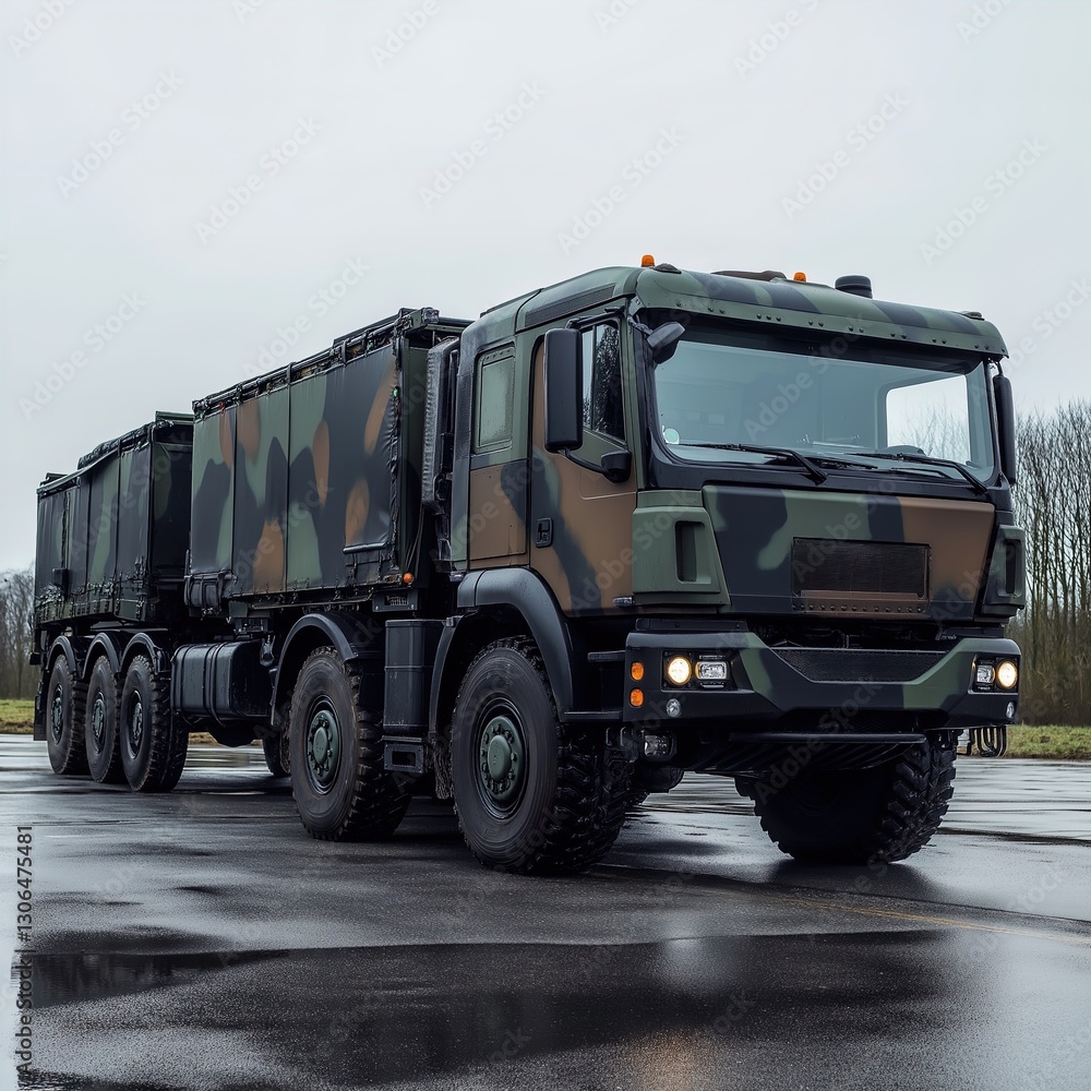 Obraz premium Logistic trucks maneuvering through a wet, expansive military area