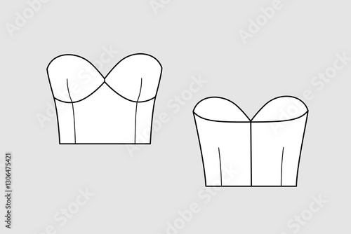 Female crop corselet vector template isolated on a transparent background. Front and back view. Outline fashion technical sketch of clothes model.	