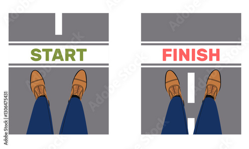 Pair feet in shoes stand front word start and finish. Man standing on road top view. Tournament and competition. Sportsground and stadium. Cartoon flat style isolated vector concept