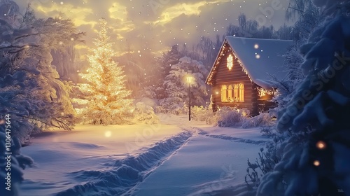 Wallpaper Mural Magical winter wonderland with cozy cottage and glowing tree Torontodigital.ca