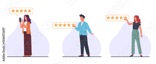 Men and women put up star ratings. People hold smartphone, clients satisfaction. App and website isolated characters. Review and feedback banner. Cartoon flat style isolated vector set