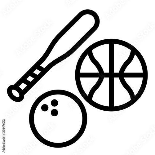 Three sports equipment icons baseball bat, basketball, and bowling ball, depicted in a simple line art style against a transparent background. The design is minimalist and clean