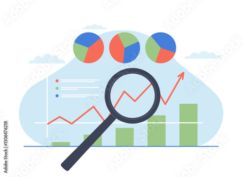 Magnifying glass with growth chart and diagrams. Creative information monitoring. Zoom technology. Business analysis. Statistic research. Cartoon flat style isolated vector concept
