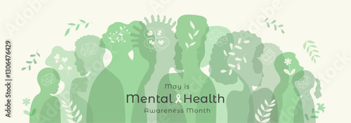 Mental Health Awareness Month May background. Flat banner template with typography. Group of people silhouette. Different nationalities, genders and ages human profile. Minimalist trendy illustration.