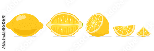 Lemon. Yellow citrus fruit, Whole and half, piece. Tropical ingredient. Fresh exotic food. Lemonade freshness product. Vitamin juicy natural plant. Cartoon flat isolated vector illustration