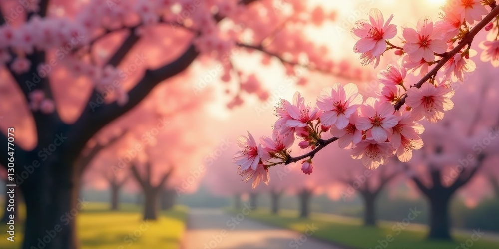 Naklejka premium A picturesque avenue lined with blossoming trees, bathed in the warm glow of sunrise, showcasing delicate pink flowers in full bloom, creating a serene and idyllic springtime scene.