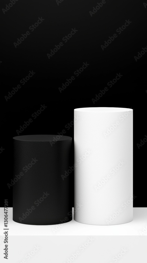 Minimalist black and white cylindrical sculptures on display Minimalist black and white cylindrical sculptures on display