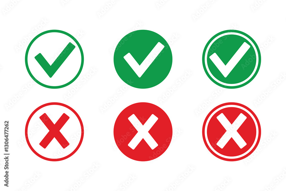 Green and red checkmark circles with yes and no signs. Modern label icons of checkmarks and crosses on a white background. Checkmarks and crosses in boxes. Green and red checkmark circles with yes and no signs. Modern label icons of checkmarks and crosses on a white background. Checkmarks and crosses in boxes.