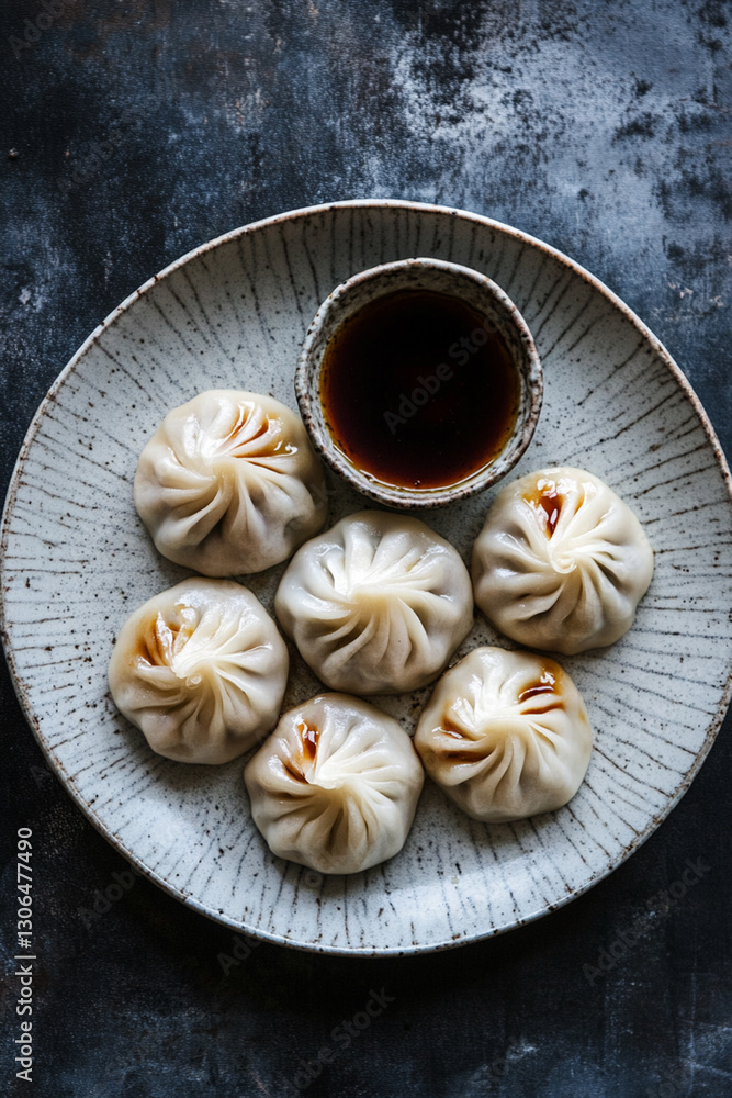 Traditional Chinese dumplings neatly arranged on a plate with soy sauce Traditional Chinese dumplings neatly arranged on a plate with soy sauce