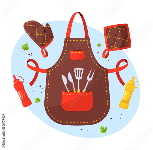 Kitchen apron with kitchen items. Cooking supplies and accessories, mustard and ketchup. Grill equipment for preparation food, cutlery object. Cartoon flat style isolated vector concept