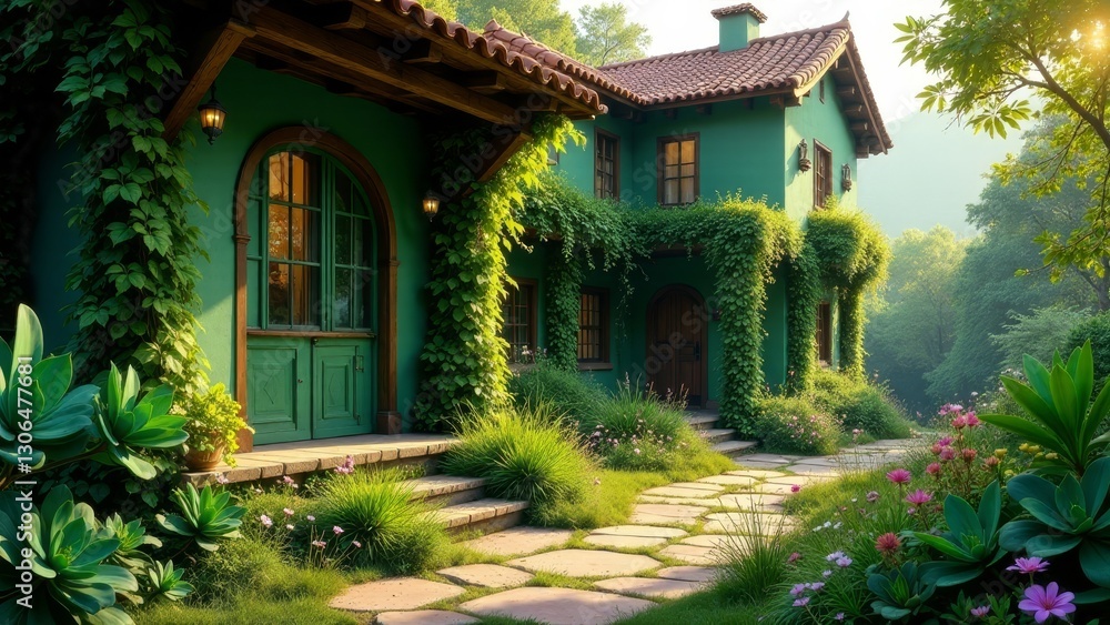Serene Green Houses with Lush Foliage and Stone Pathway in a Tranquil Garden Setting Serene Green Houses with Lush Foliage and Stone Pathway in a Tranquil Garden Setting