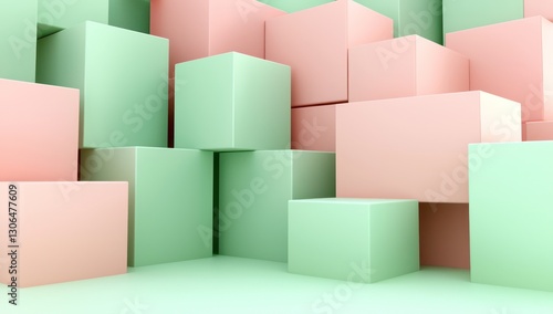 Pink and green pastel cubes create a soft, minimalist 3D geometric display.