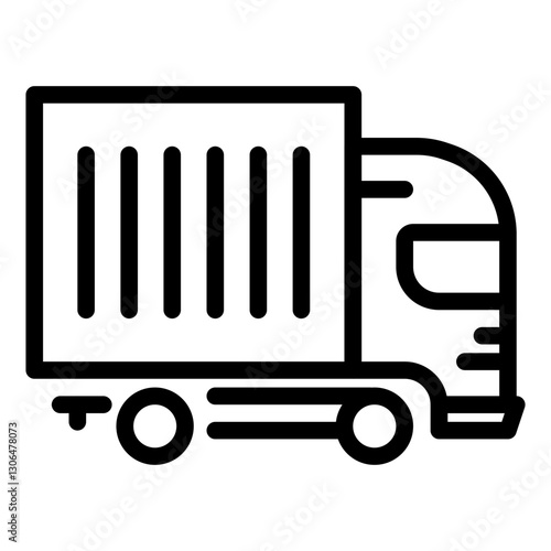 Line art illustration of a delivery truck, depicting a cargo container on a chassis with wheels, moving quickly as suggested by motion lines. The style is simple and clean, suitable for retail and