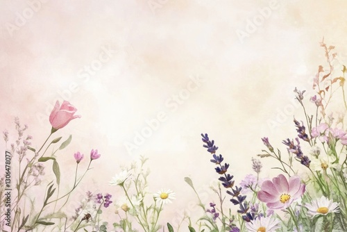 Delicate floral border, pastel flowers, soft colors, spring meadow.
