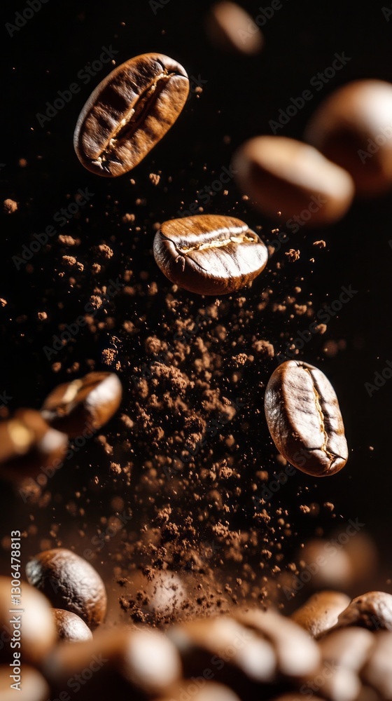 Dark roasted coffee beans burst into the air, releasing aromatic particles that create a captivating spectacle. The scene captures the essence of brewing magic in a vivid display Dark roasted coffee beans burst into the air, releasing aromatic particles that create a captivating spectacle. The scene captures the essence of brewing magic in a vivid display