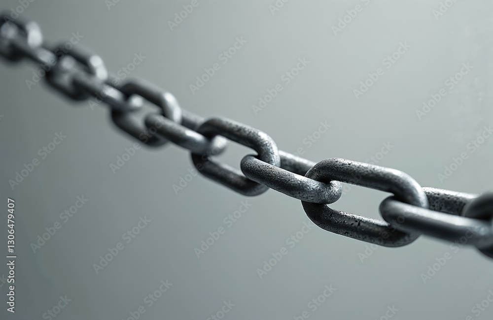 Obraz premium Metallic chain with interlocked links strength, security, unity on neutral background. Metal hardware shows industrial power, connection, rugged construction, secure bond, unbreakable. Photo