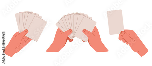 Hands holding blank playing cards. Arm hold empty card. Blank label. Poker game gambling accessories, shuffling and distribution casino person. Cartoon flat style isolated vector concept