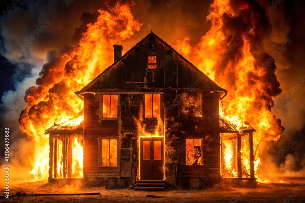 Obraz premium A desolate house engulfed in intense flames, a haunting spectacle of destruction at night