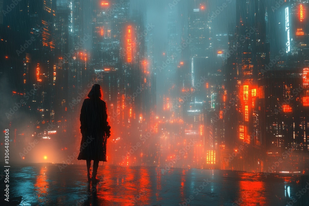 Person standing in the middle of a city street at night, urban landscape Person standing in the middle of a city street at night, urban landscape