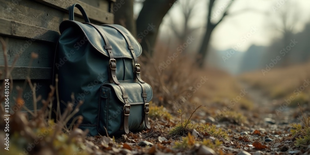 Fototapeta premium A weathered leather rucksack rests against a rustic wooden fence, amidst the quiet beauty of a tranquil autumnal path