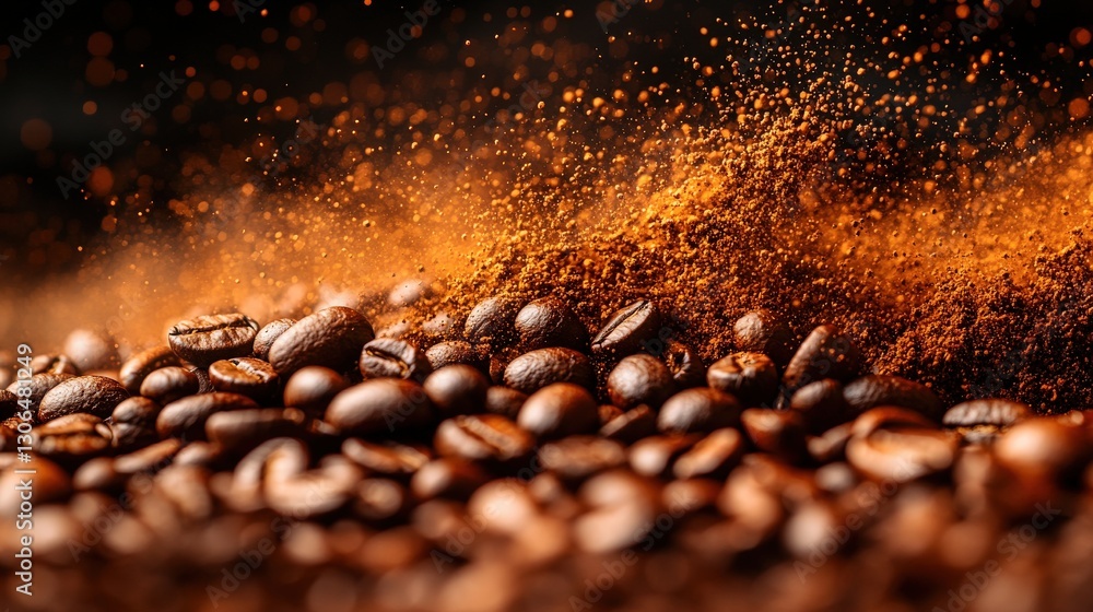 Roasted coffee beans with ground coffee powder explosion. Rich, dark brown tones, close-up view. Perfect for coffee packaging or advertising. Roasted coffee beans with ground coffee powder explosion. Rich, dark brown tones, close-up view. Perfect for coffee packaging or advertising.