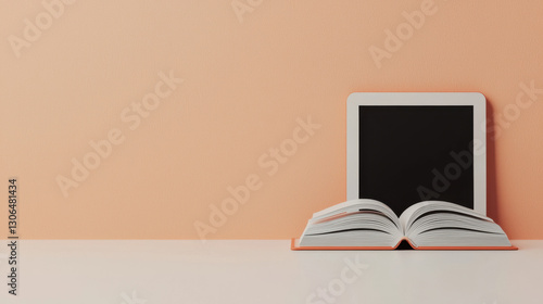 Open book and tablet on minimalist desk with peach background photo