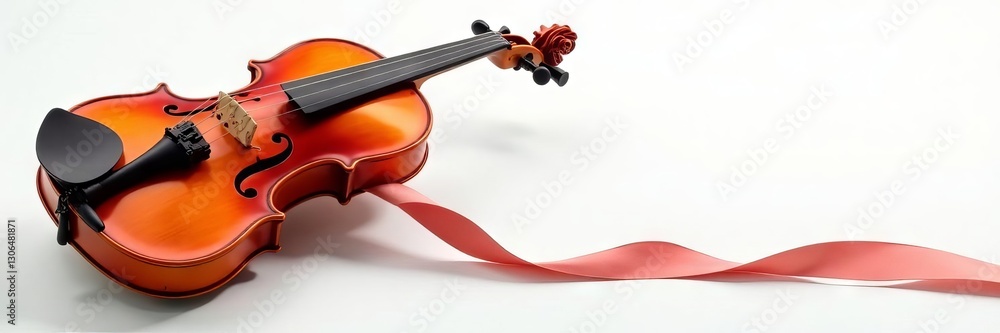 Fototapeta premium Elegant violin and bow, pristine white backdrop, bowed string instrument, orchestra