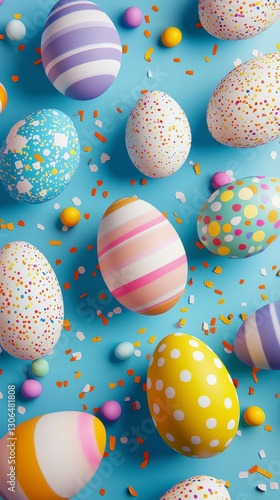 Vibrant patterned eggs on blue with confetti. photo