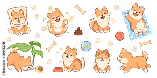 Cute shiba inu puppy characters. Kawaii fluffy dog, funny japanese breed pet, different animal activities, playful grooming mascot, cartoon flat style isolated tidy vector stickers set