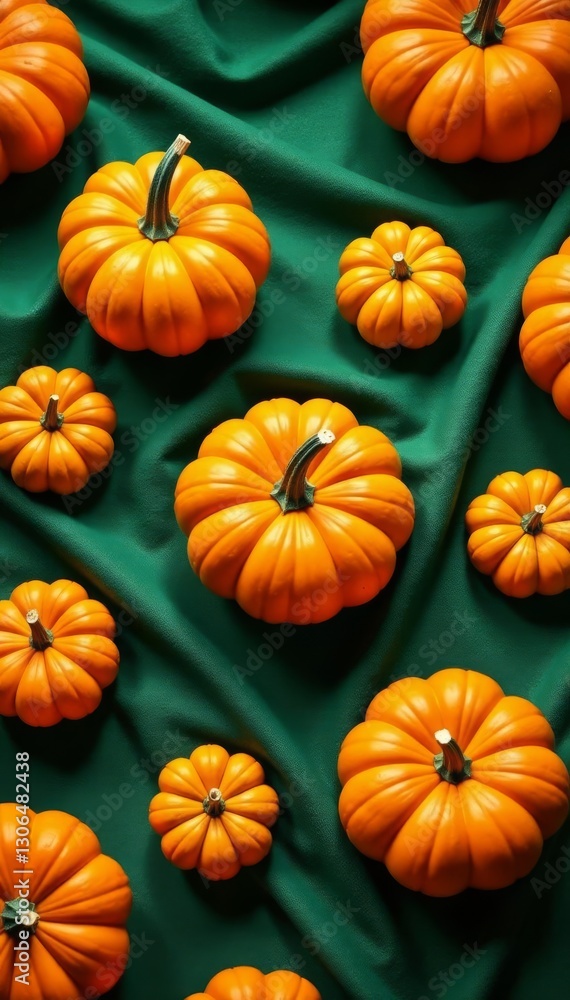 Golden linear pumpkins, seamless autumn pattern on green fabric, vector, fabric Golden linear pumpkins, seamless autumn pattern on green fabric, vector, fabric