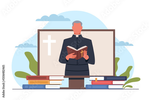 Church online learning. Internet sermon, catholic pastor hold holy book, character on computer screen. Website audience, religion application. Cartoon flat style isolated vector concept