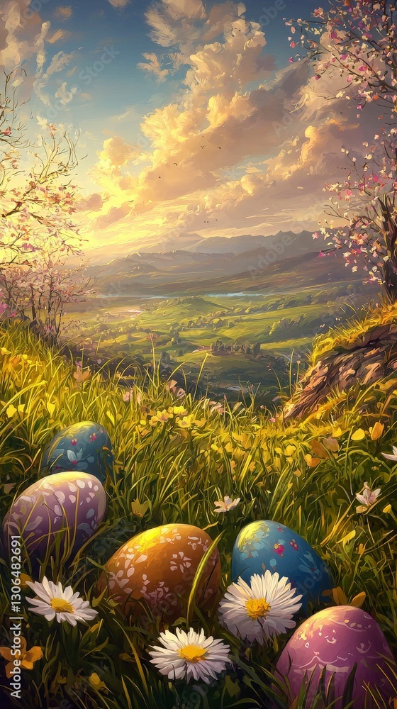 Painted eggs on grassy hill with scenic landscape view Painted eggs on grassy hill with scenic landscape view