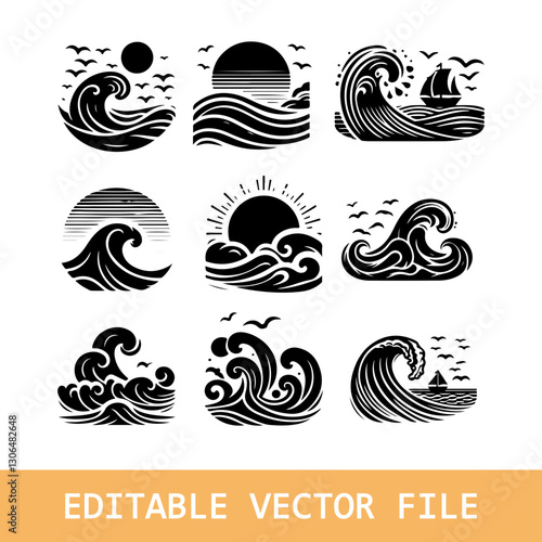 Sea waves sketch. Storm wave, vintage tide and ocean beach storms hand drawn vector illustration set