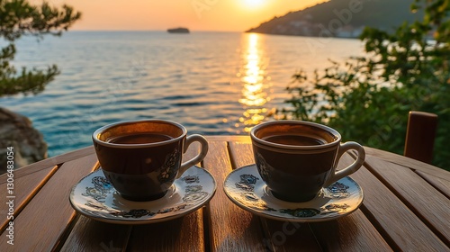 Two cups of coffee on the table on the wooden brown terrace during evening sunset