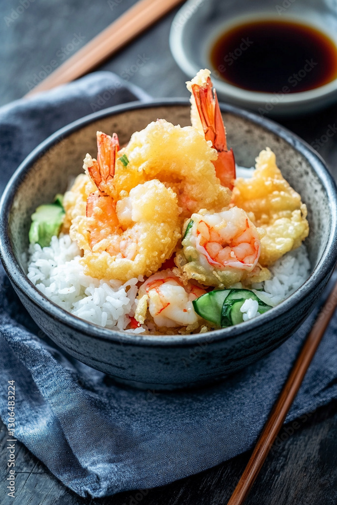 Fried tempura with shrimp and vegetables, served with soy sauce and rice Fried tempura with shrimp and vegetables, served with soy sauce and rice