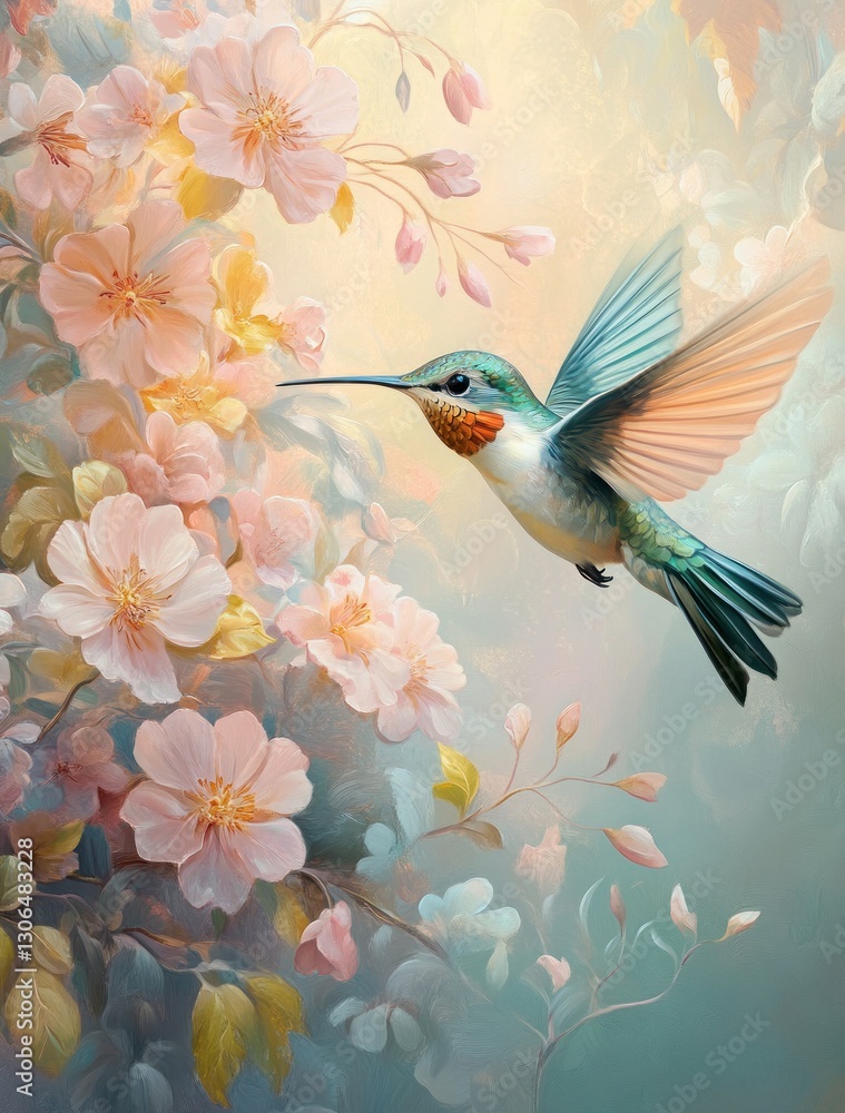 Delicate hummingbird in flight amidst pastel pink blossoms. Delicate hummingbird in flight amidst pastel pink blossoms.
