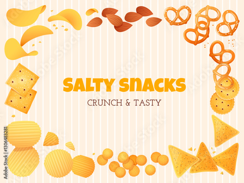 Cartoon snacks frame. Dry crunchy food, salty crackers, chips and nachos, unhealthy fast beer appetizers, crispy meal, banner design, packaging label, emblem design, vector isolated concept