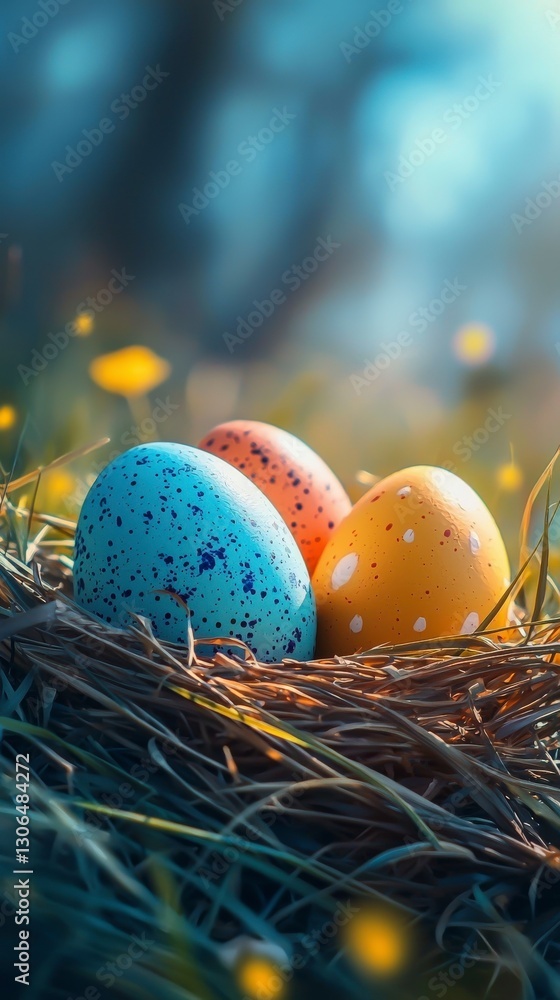 Obraz premium Nestled trio of speckled eggs amid glowing blossoms