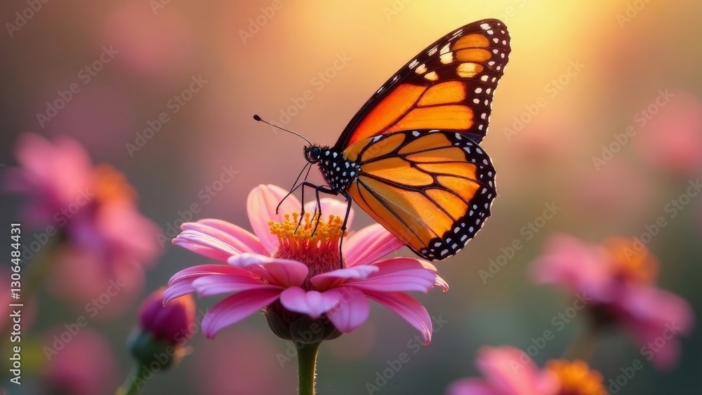 A vibrant butterfly delicately perched on a blooming pink flower, bathed in the warm glow of the setting sun, surrounded by a field of softly blurred blossoms A vibrant butterfly delicately perched on a blooming pink flower, bathed in the warm glow of the setting sun, surrounded by a field of softly blurred blossoms