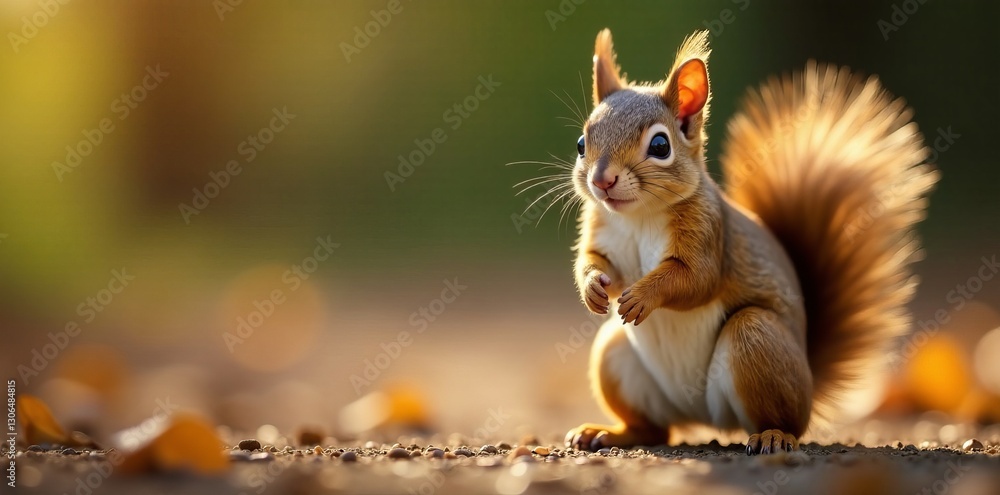 Adorable squirrel with fluffy tail standing on hind legs, looking curiously at camera , animal, looking Adorable squirrel with fluffy tail standing on hind legs, looking curiously at camera , animal, looking