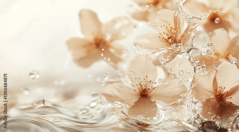 Delicate light peach blossoms in water splashes. Delicate light peach blossoms in water splashes.