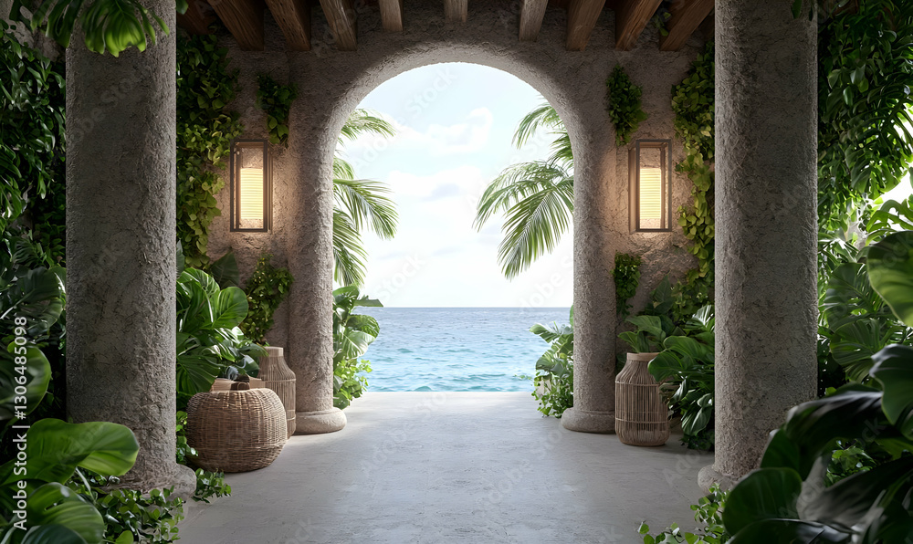 Fototapeta premium Serene Coastal Archway Surrounded by Lush Greenery and Ocean View