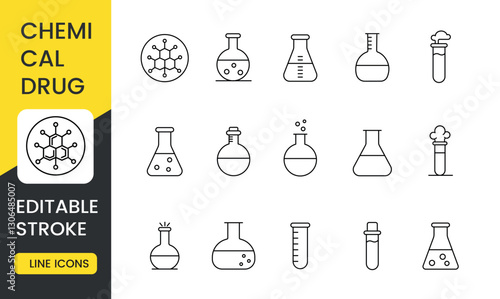 A set of vector icons representing chemical drugs, including molecular structures and laboratory glassware such as beakers, test tubes, and flasks, with an editable stroke